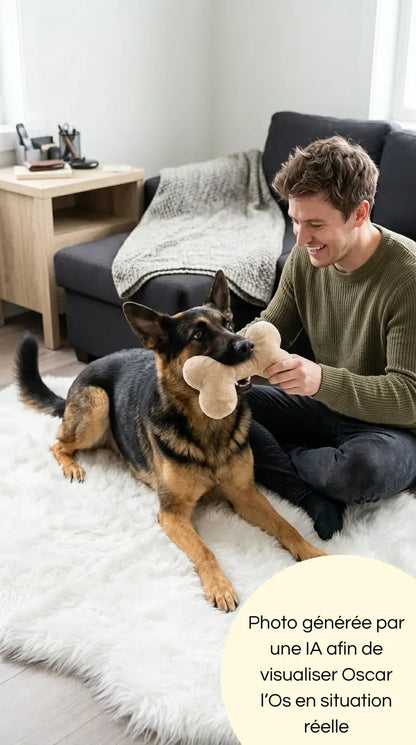 Photo générée par une intelligence artificielle montrant un Berger Allemand jouant avec son maître avec Oscar l'Os