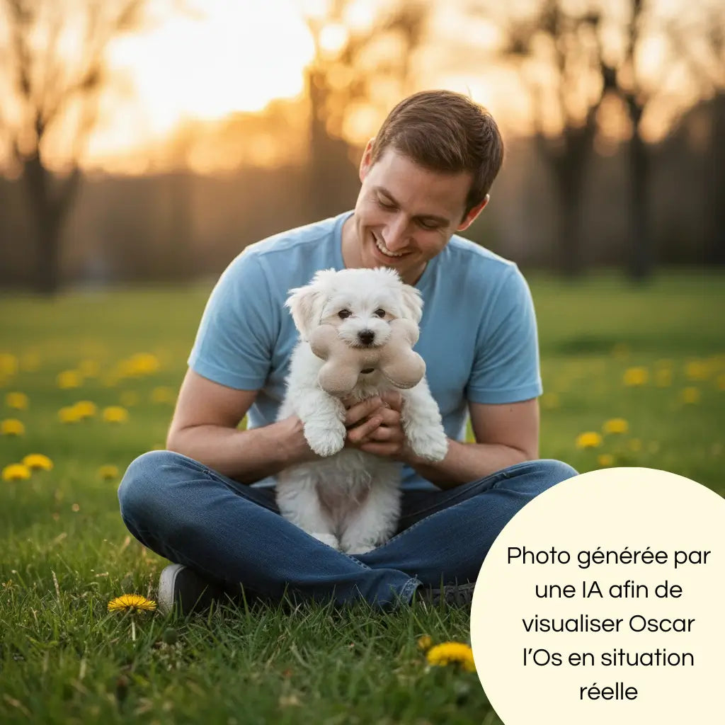 Photo générée par une intelligence artificielle montrant un chiot jouant avec son maître avec Oscar l'Os