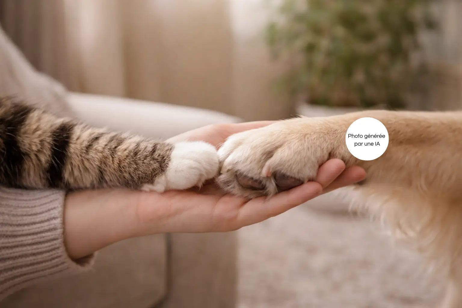 Photo générée par une intelligence artificielle d'un humain main dans les pattes d'un chien et d'un chat