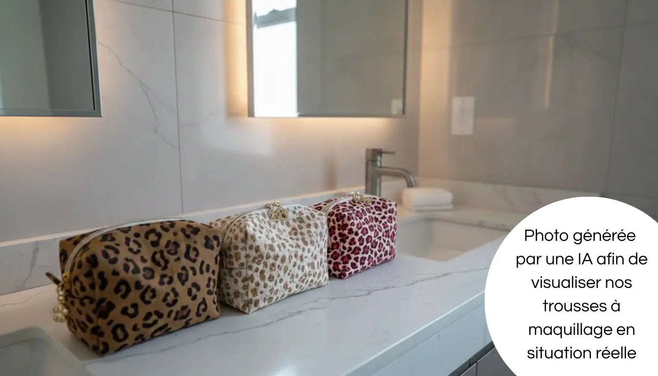 Photo générée par une intelligence artificielle de nos trousses à maquillage dans une salle de bain pour se rendre compte de leur rendu en situation réelle.