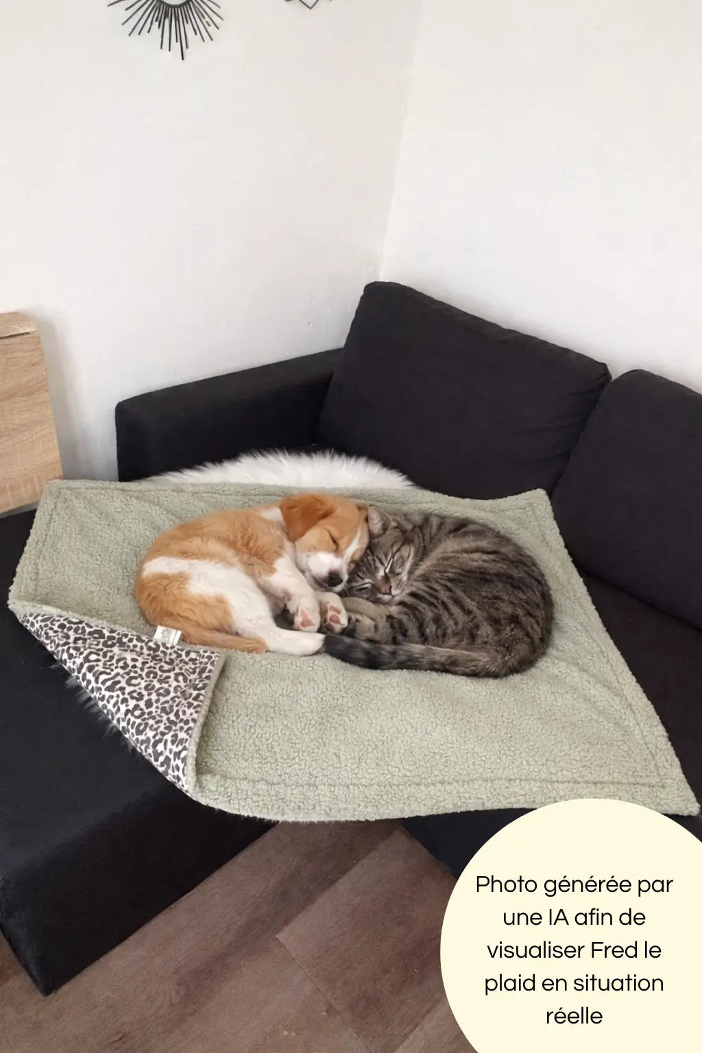 Photo générée par une intelligence artificielle avec un chat et un chien dormant sur notre plaid 
