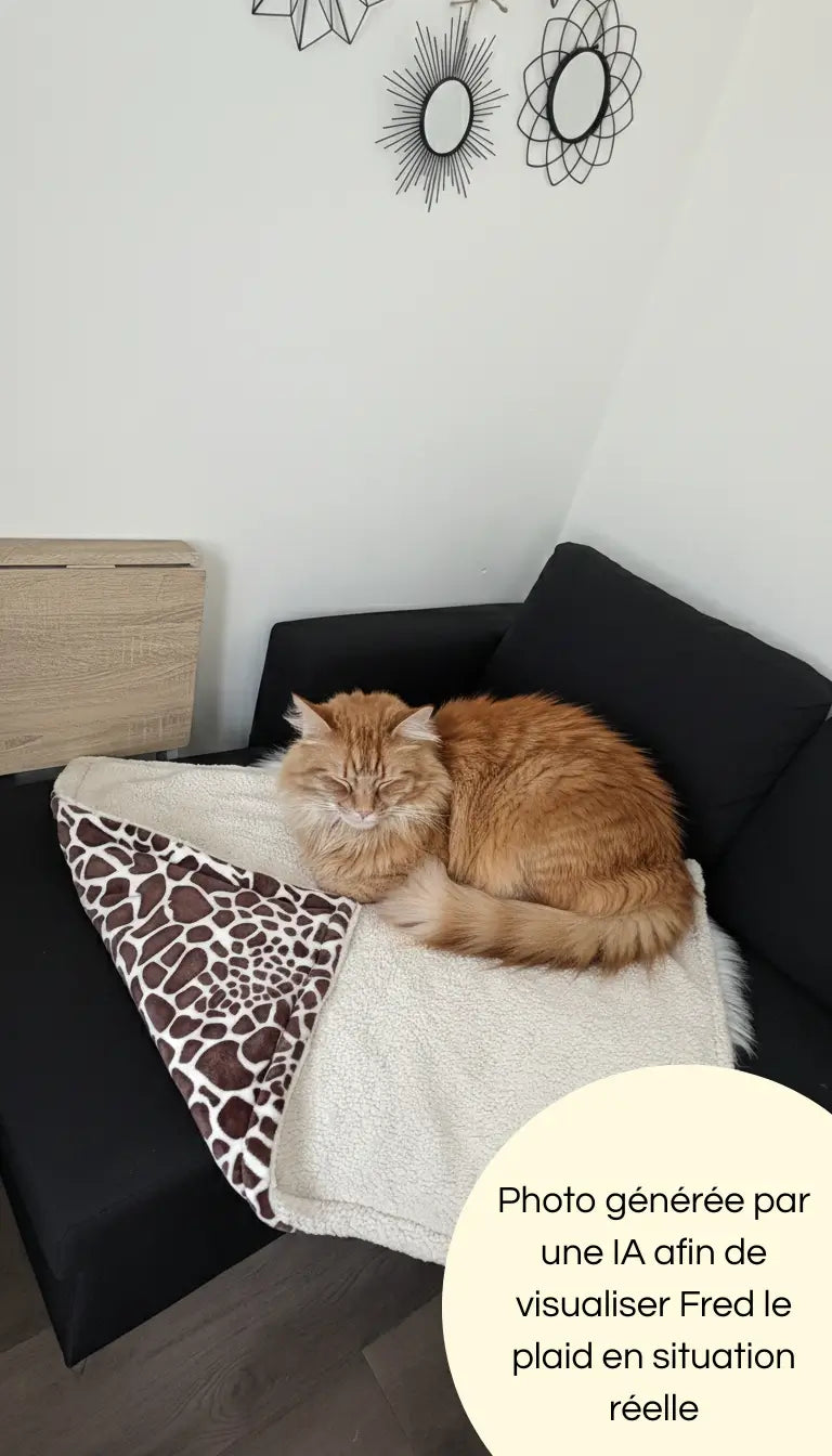 Photo générée par une intelligence artificielle avec un chat dormant sur notre plaid 