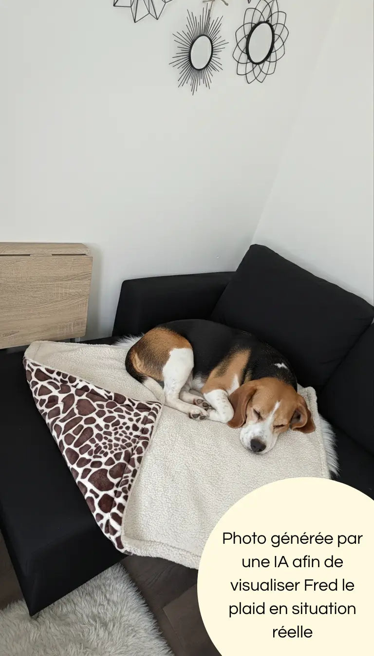 Photo générée par une intelligence artificielle avec un chien dormant sur notre plaid 